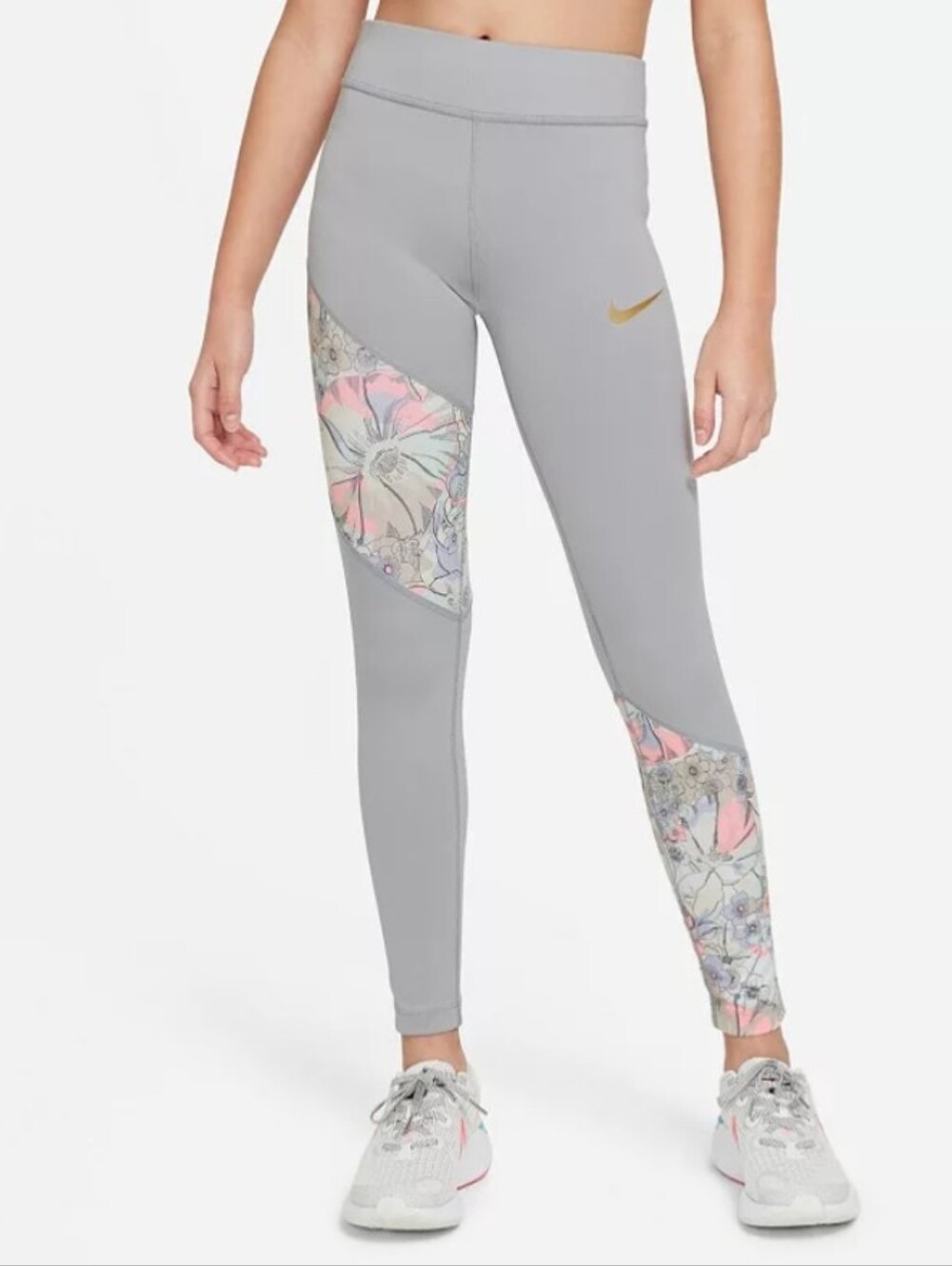 Nike Dri Fit  Leggings. Floral Panels and Gold Swoosh. Size Girl's Medium